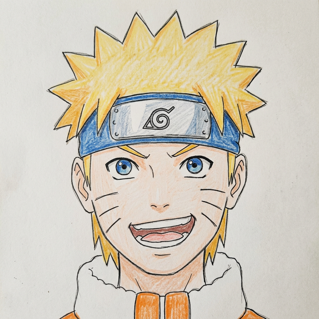 AI ilustrācija iedvesmai: Naruto portrets ar krāsainajiem zīmuļiem