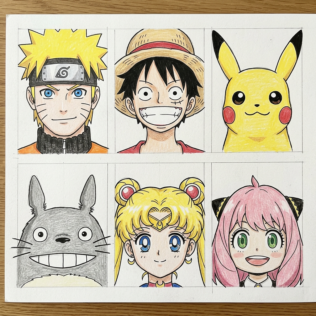 AI ilustrācija iedvesmai: seši anime varoņu portreti