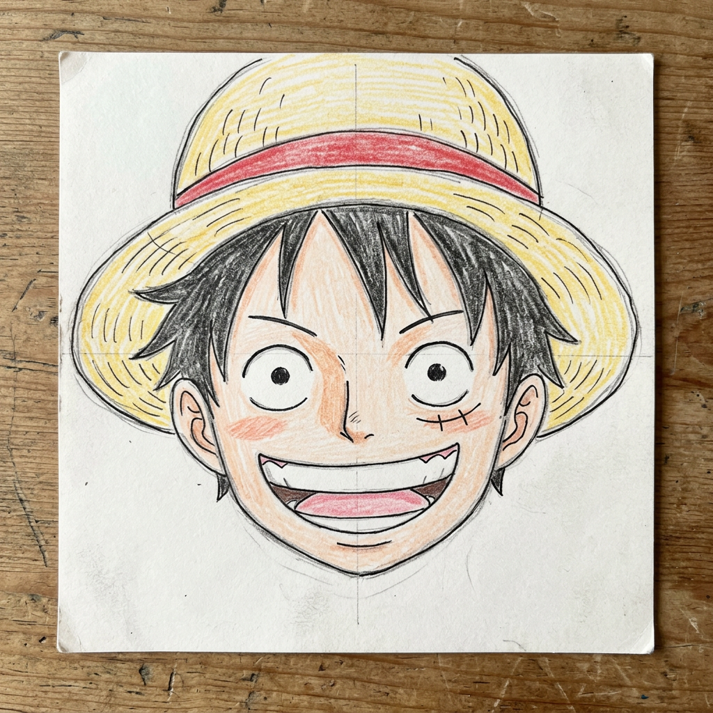 AI ilustrācija iedvesmai: Luffy portrets ar krāsainajiem zīmuļiem